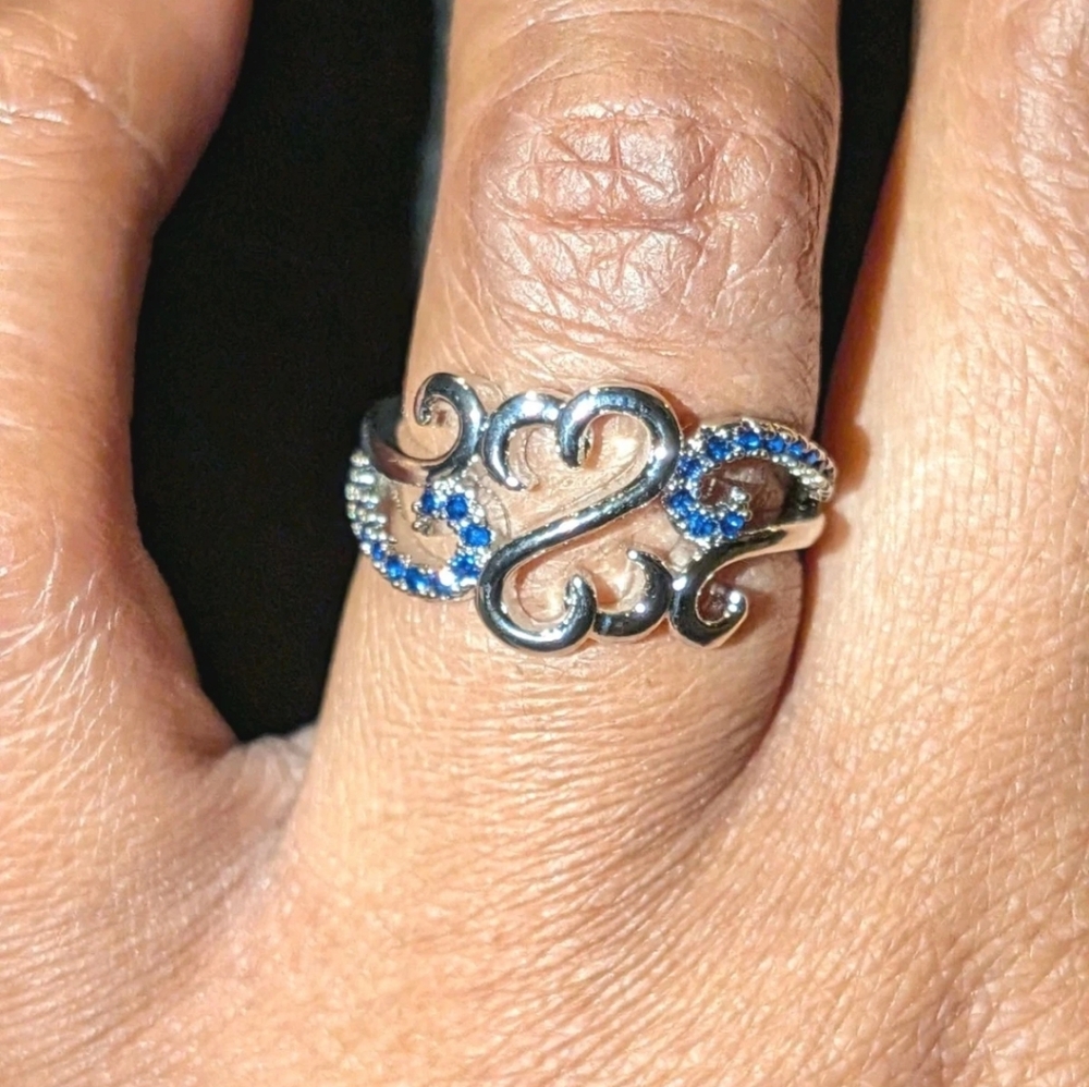 925 Sterling Silver Double Open Hearts Waves Sapphire Accent Bypass Ring Sz 6